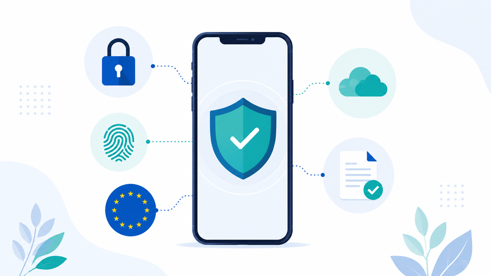 Smartphone mit Schutzschild-Symbol, umgeben von Icons für Schloss, Fingerabdruck, EU-Flagge, Cloud und geprüftes Dokument – Illustration zu IT-Sicherheit und NIS2-Konformität in Unternehmen
