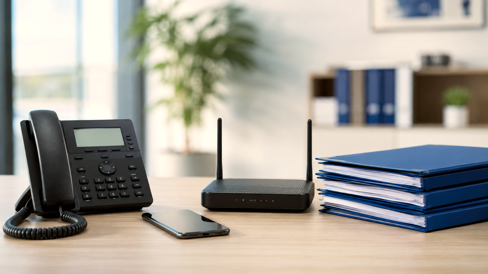Tischtelefon, WLAN-Router, Smartphone und blaue Aktenordner auf einem Schreibtisch im Büro. Symbolbild für Telekommunikation und das Senken der TK-Kosten im Unternehmen