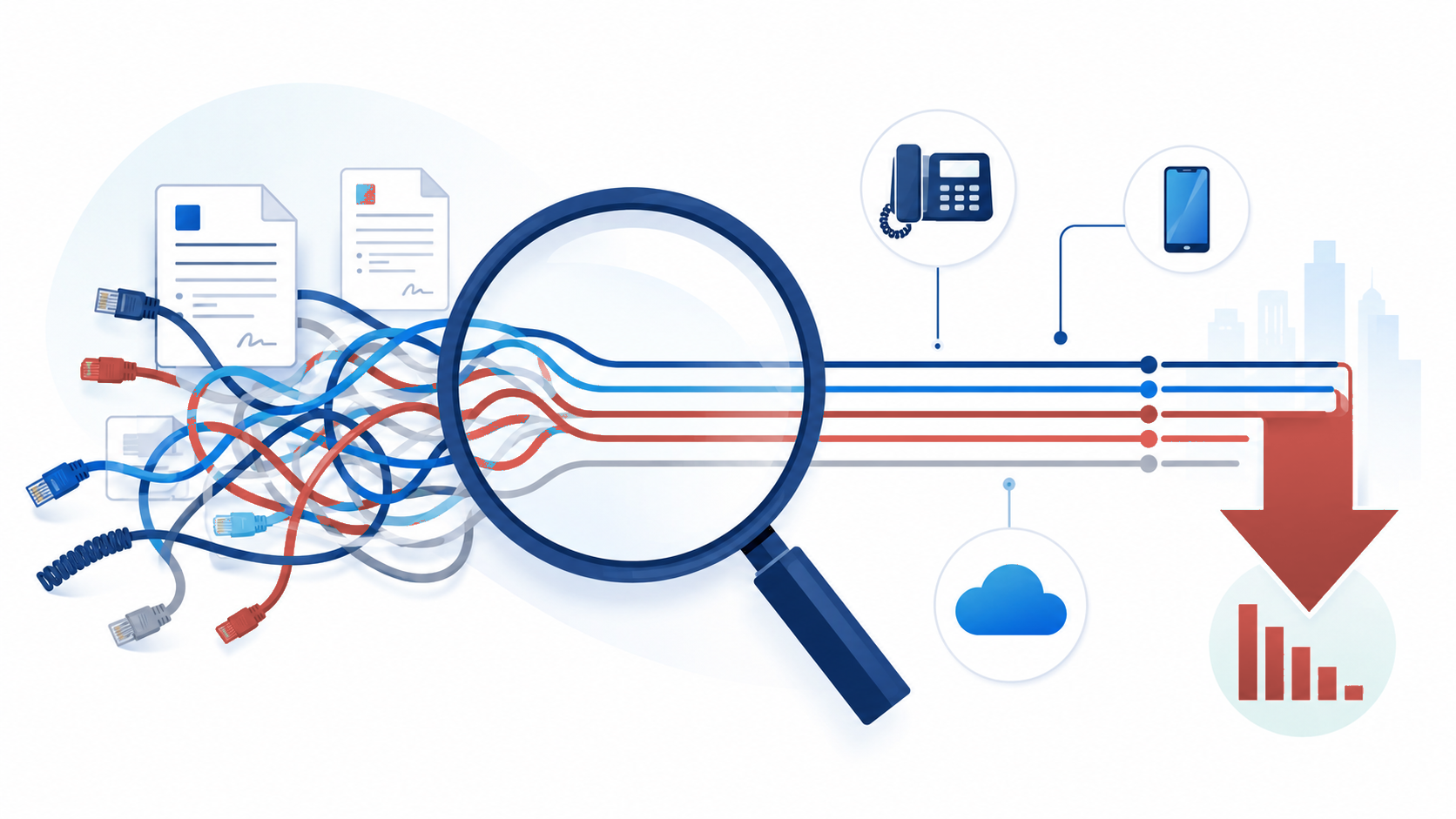 Illustration mit Lupe über gebündelten Netzwerkkabeln, Telefon-, Smartphone- und Cloud-Symbolen
sowie rotem Abwärtspfeil und sinkendem Balkendiagramm – Symbolbild für das Analysieren und
Senken der TK-Kosten im Unternehmen